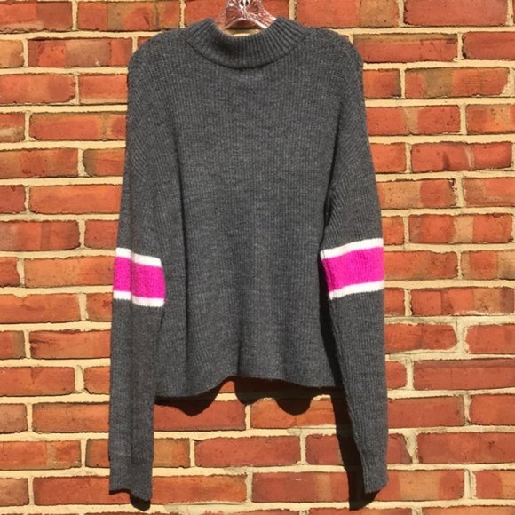 Gray and Pink Revolve John + Jenn Varsity Stripe Mock Neck Sweater - Picture 13 of 13